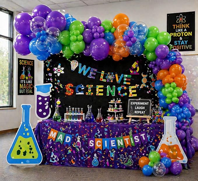 141PCS Science Party Decorations, Banner, Rainbow Balloon Arch Garland Kit for Lab Week, Mad Science Fun, Scientist Students Schoool Educational Theme Subject, Happy Pi Day Birthday Party