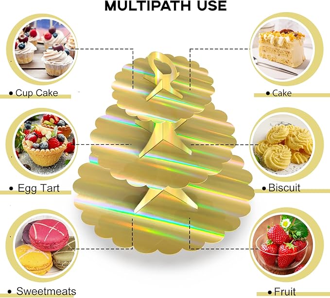 2-Pack 3-Tier Cupcake Stand,Rainbow Gold Cake Tower,Dessert Cupcakes Cardboard Display Holder for Weddings & Parties & Birthday Decoration Supplies（Laser）