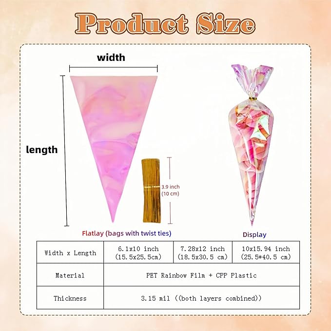 FERENLI 50 Pcs 10x15.9 inch Cone Shaped Iridescent Holographic Cellophane Treat Bags with Twist Ties Plastic Goodie Bags for Candy Popcorn Snack Birthday Party Favors Packaging (Iridescent Clear)