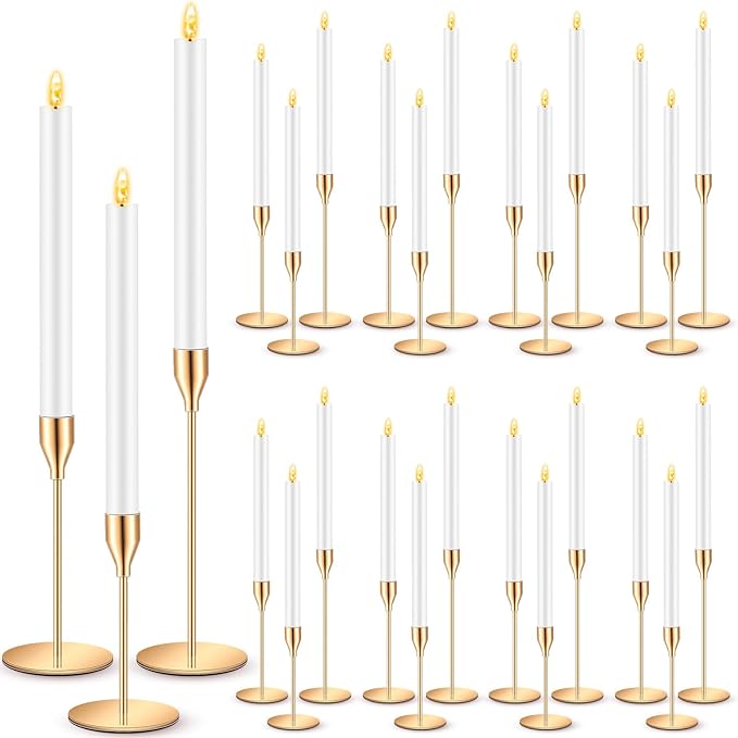 FillTouch 30 Pcs Gold Candlestick Holders with Flameless LED Candles Bulk Includes 15 Metal Candle Holders and 15 Battery Operated Taper Candles for Wedding Valentines Table Centerpieces Home Decor