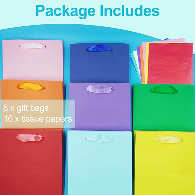 MOXARYSU 8 Pcs Medium Gift Bags With Handles: 8x5x10 Rainbow Colour Gift Bags Kraft Paper Party Favor Bags With 16 Tissues For Party,Birthday,Baby Shower,Wedding（8 Colors）