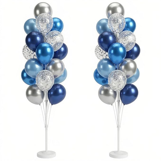 Blue Silver Balloon Column Kit Set of 2 With Dark Navy Confetti Balloons Included-Balloon Tower Stand, Base&Pole,Backdrop Decoration for Wedding, Baby Shower,Birthday,Graduation,Engagement Party