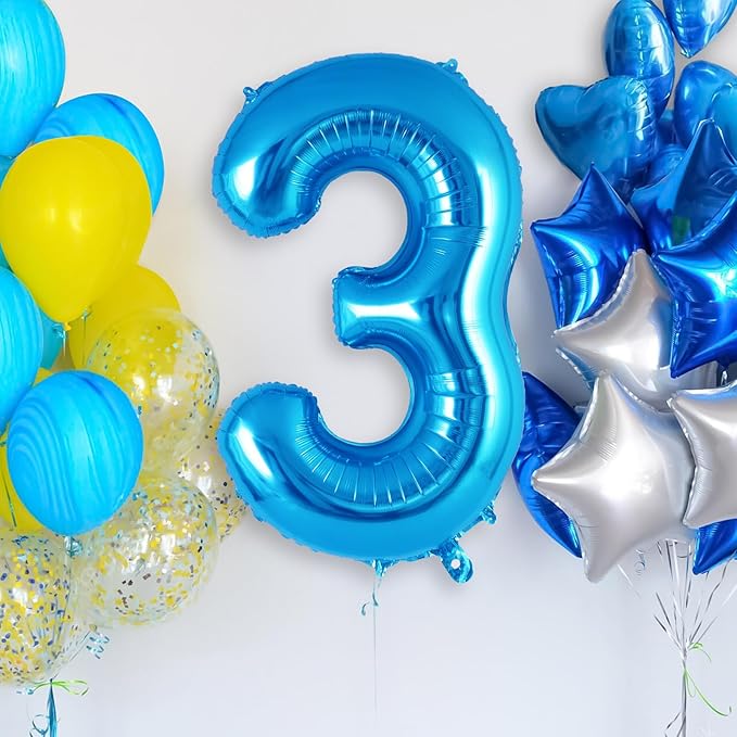 Blue Number 3 Balloon 40 Inch, Big Large Foil Helium Number Balloons, Jumbo Giant Mylar Number 3 Balloons for 3 Third Birthday Party Decorations Supplies Anniversary Celebration