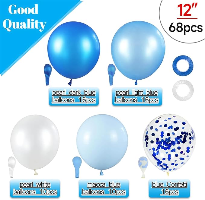 68Pcs Blue and White Balloons Kit 12 Inch, Blue Confetti Balloons Light Blue Baby Blue Pearl White Party Balloons with Ribbons for Birthday, Wedding, Baby Shower, Graduation Decorations