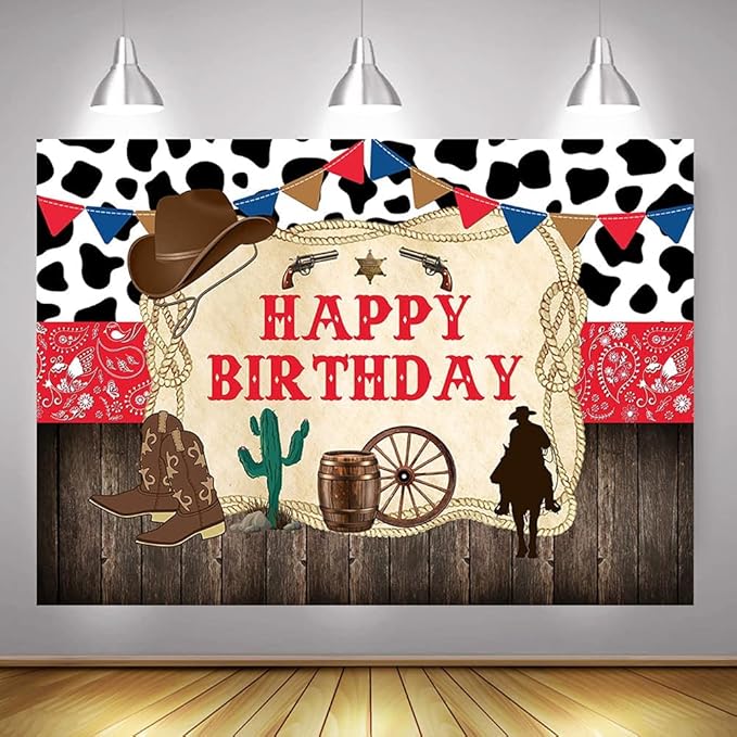 Mocsicka Western Cowboy Happy Birthday Backdrop Rustic Old West Rodeo Cowboy Background Red Bandana and Rustic Wood Kids Birthday Party Decoration Banner (6x4ft (72x48 inch))