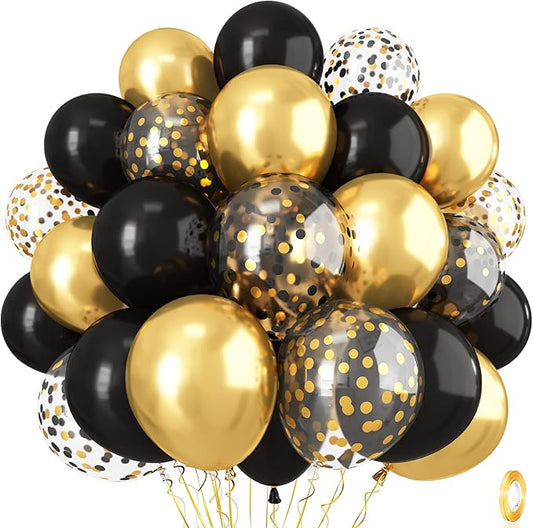 Isndare Black and Gold Confetti Balloons, 12 Inch Black Metallic Gold Latex Black Golden Helium Balloons for Wedding Birthday Anniversary New Year Party Celebration Decorations Is-02