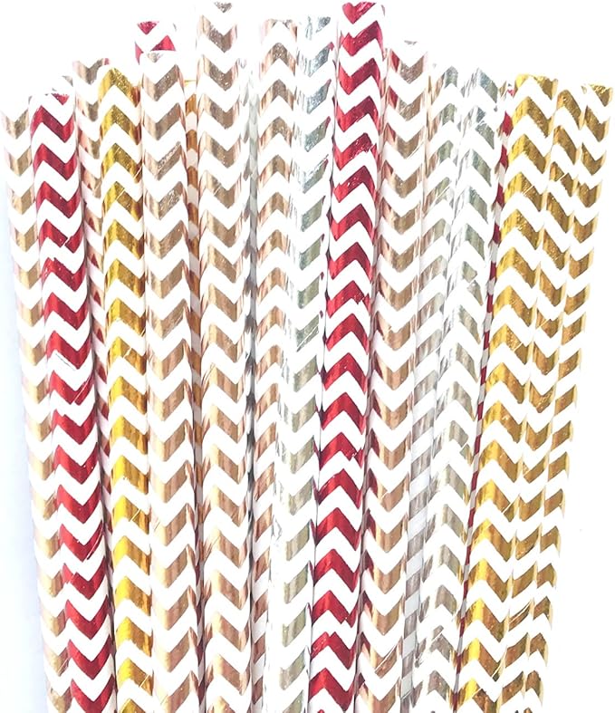 100 pcs Mixed Colorful Party Paper Straws, Shiny Colored Golden Red Rose Gold Silver Foil Wave Zig Zag Drinking Straws Bulk, Juice Bar Holiday Birthday Wedding Cake Pop Sticks (Metallic Chevron 01)