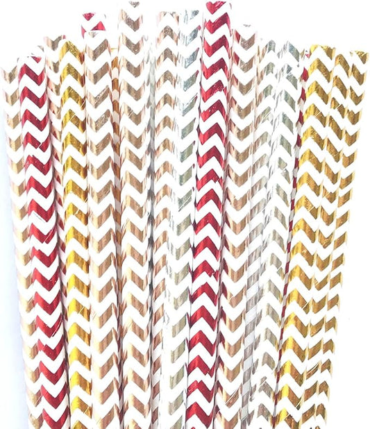 100 pcs Mixed Colorful Party Paper Straws, Shiny Colored Golden Red Rose Gold Silver Foil Wave Zig Zag Drinking Straws Bulk, Juice Bar Holiday Birthday Wedding Cake Pop Sticks (Metallic Chevron 01)