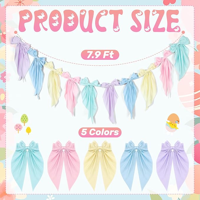 VitalCozy 1 Pcs Pastel Bow Garland Banner - Silk Satin Ribbon Hanging Party Bow Garland Decoration for Summer Birthday Baby Shower Wedding Party Supplies