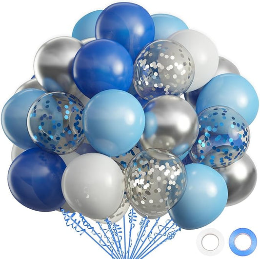 OuMuaMua 62pcs Blue Silver White Confetti Balloons Kit, 12 Inch White Royal Blue Metallic Silver Confetti Balloons for Boy Birthday Baby Shower Graduation Party Supplies