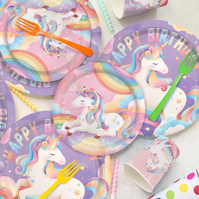 Unicorn Party Supplies Set for 16 - Unicorn Birthday Decorations with Dinner & Dessert Plates， Napkins - Ideal birthday Party Favors & Decor Kit