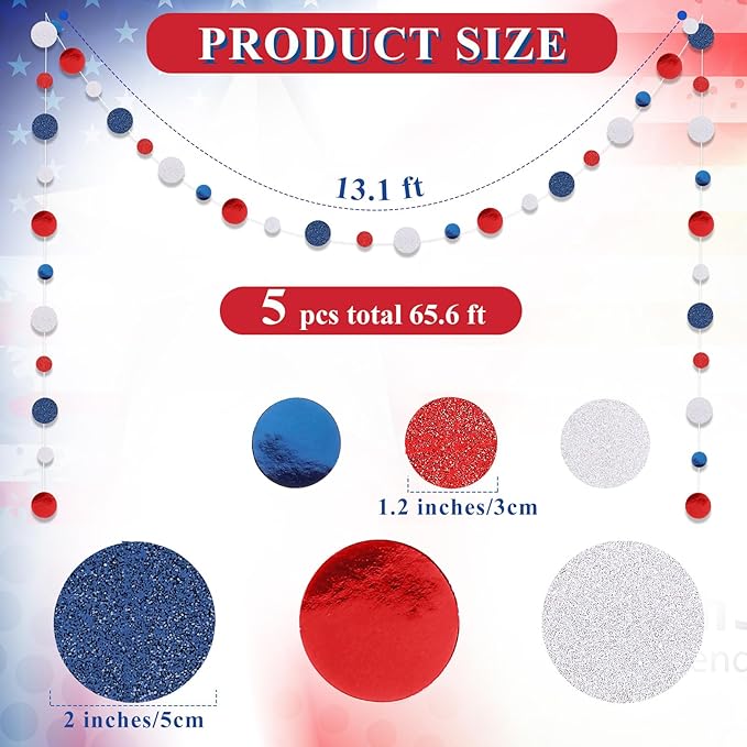 Outus 5 Pieces Blue,White,Red Round Dots Garland Graduation Party Hanging Decor Each Length 13.1ft Glitter Paper Dot Streamers for Birthday Wedding Classroom Supplies