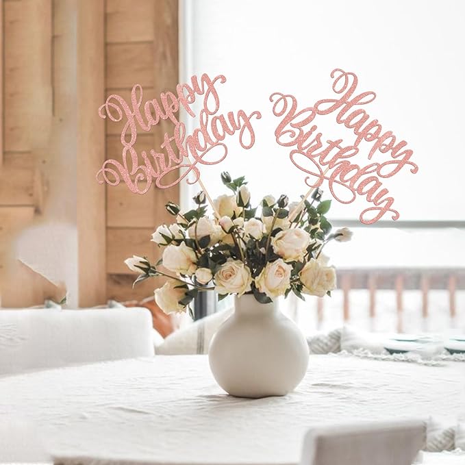 12 PCS Happy Birthday Centerpiece Sticks Double Sided Glitter Happy Birthday Table Flower Centerpieces Decorations for Celebrating Anniversary Theme Party Centerpieces Supplies Rose Gold