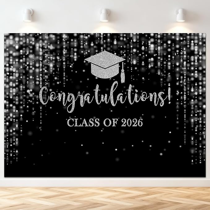 Mocsicka Class of 2026 Backdrop Black Silver Glitter Bokeh Graduation Party Background 2026 Congrats Grad Prom Party Cake Table Decoration Photo Booth Props (10x7ft)
