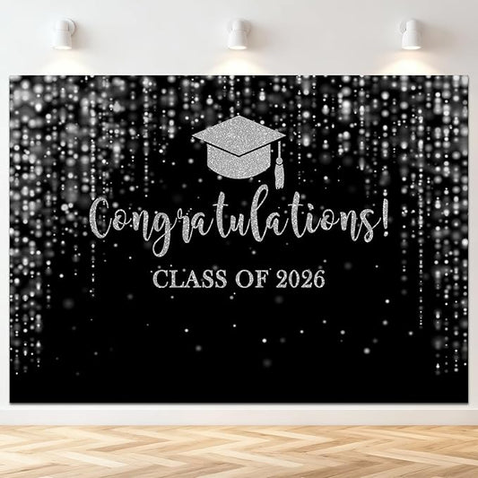 Mocsicka Class of 2026 Backdrop Black Silver Glitter Bokeh Graduation Party Background 2026 Congrats Grad Prom Party Cake Table Decoration Photo Booth Props (7x5ft)