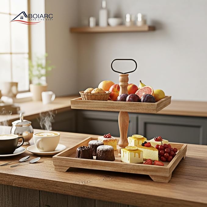 Rustic Wooden 2 Tiered Tray Stand, Farmhouse Tiered Serving Tray Decor, Rectangle Wood Display Stands for Food Fruits Cupcake and Seasonal Festive Decorations (Brown)