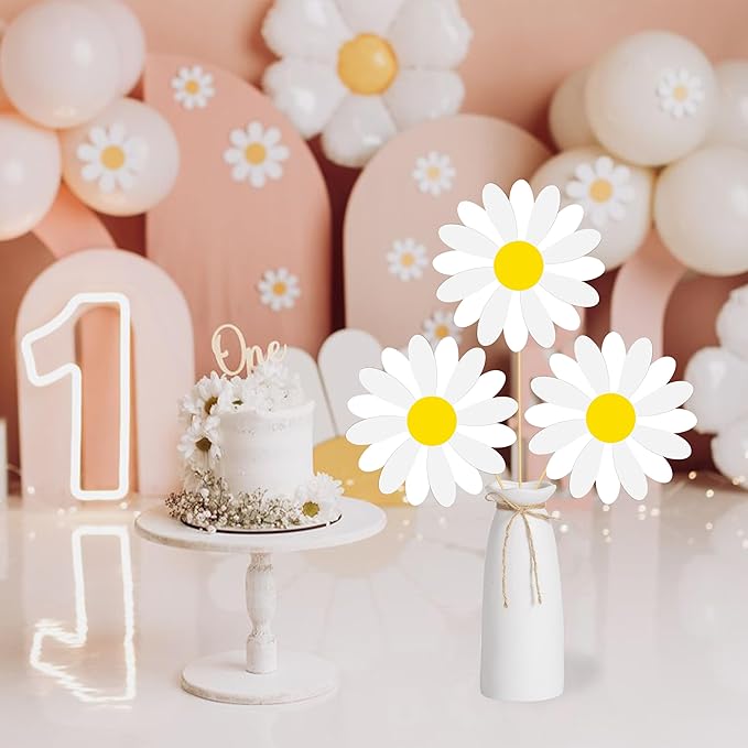 White Daisy Centerpiece Sticks 12pcs Daisy Flower Centerpieces for Table Chrysanthemum Party Decorations for Groovy Hippie Themed Wedding Birthday Party Baby Shower Supplies