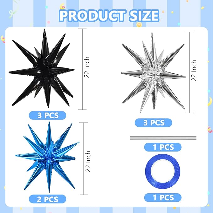 TONIFUL 8 Pcs Blue Silver Black Foil Balloons Large Star Balloons Explosion Star Mylar Balloons for Party Backdrop Christmas New Year Birthday Wedding Baby Shower Anniversary Photo Booth Supplies