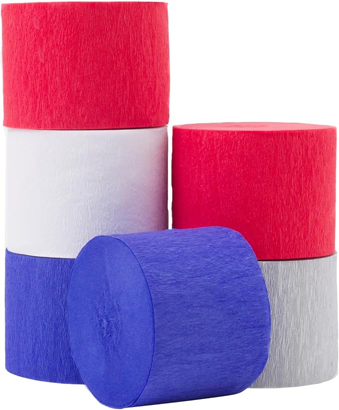 Crepe Paper Streamers 6 Rolls 492ft, Pack of Red Blue White Party Streamers for USA Decorations, American Party Decorations,4th of July Decorations (1.8 Inch x 82 Ft/Roll)