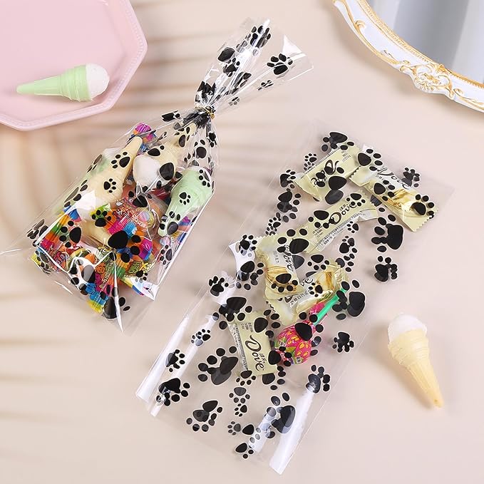iNINGER 50 Pcs Dog Claws Cellophane Treat Bags with Twist Ties,Pet Paw Cellophane Bags Dog Party Favor Heat Sealable Treat Paw Gift Cat Candy Bags for Pet Party Favors