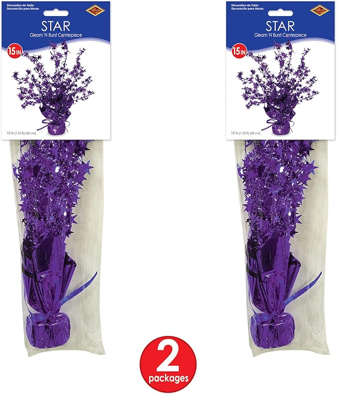 Beistle Star Gleam ‘N Burst Centerpiece, 2-Piece Purple Metallic Table Display for Birthday Parties, Celebrations, Mardi Gras, and Sports Team Decorations, 15”