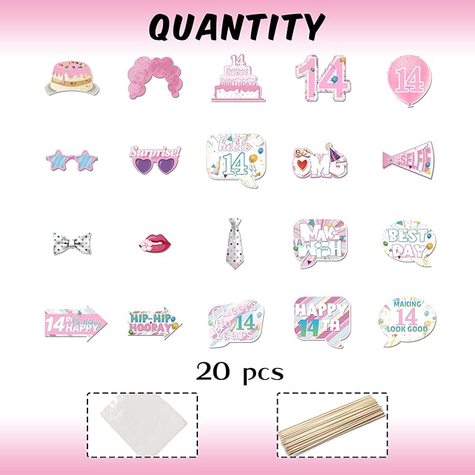 20 Pcs Girl 14th Birthday Photo Booth Props Kit, Pink Fourteen Birthday Party Selfie Decorations, Girl Teen's 14th Bday Party Photography Supplies