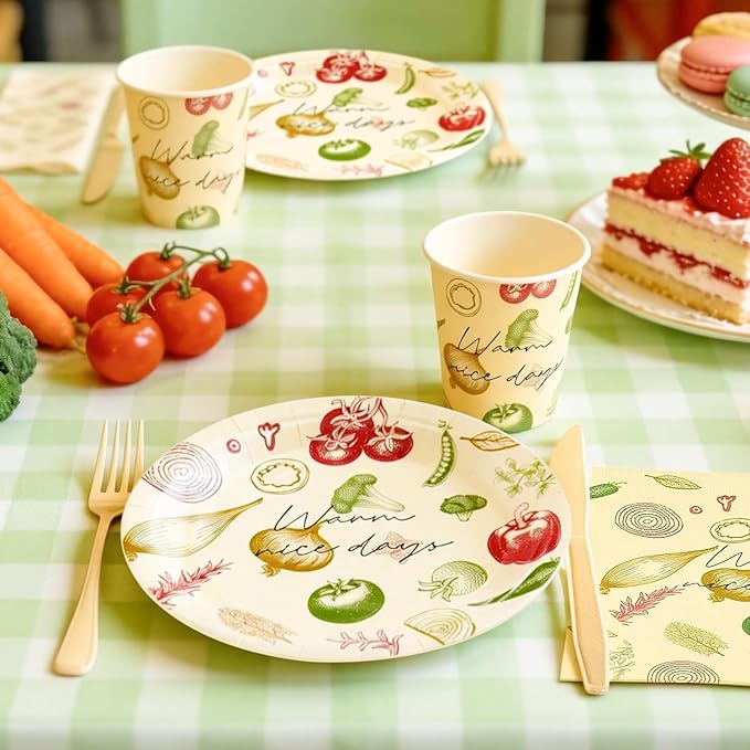144Pcs Vegetable Birthday Party Supplies Decorations Paper Plates Napkins Vintage Party Tableware Disposable Dinnerware Set for Kids Birthday Baby Shower Table Decor, Serve 24