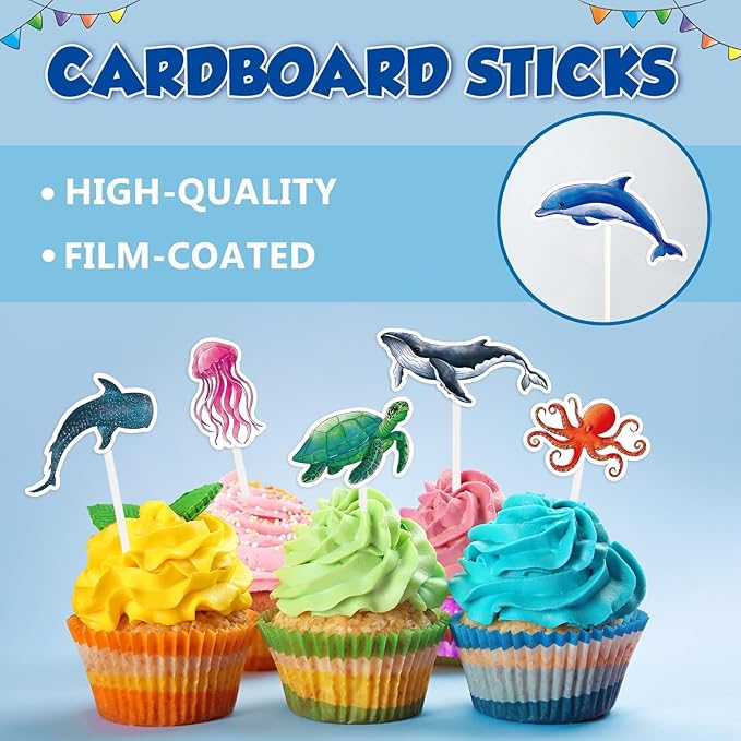 WERNNSAI 32 PCS Ocean Cupcake Toppers - Shark Birthday Party Decorations Under The Sea Cake Toppers Summer Dolphin Ocean Animal Cake Decors for Kids Ocean Baby Shower Party Supplies
