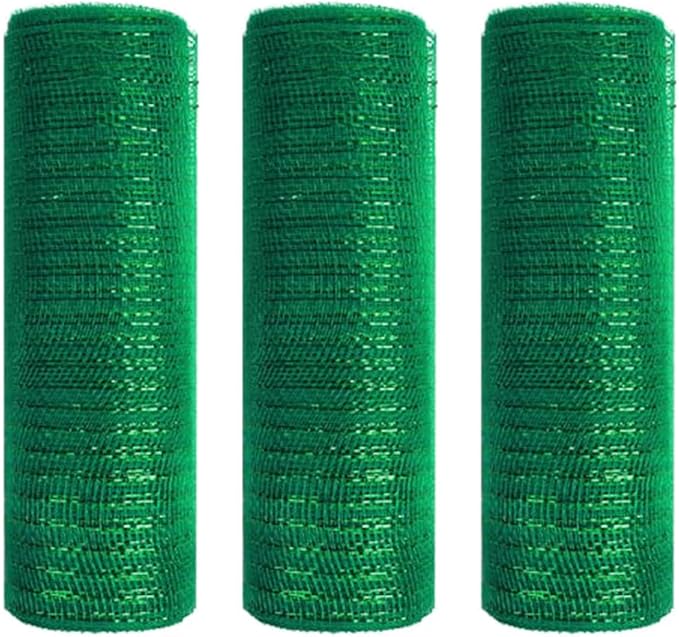 3 Rolls Christmas Green Deco Mesh Ribbon for Wreath Making Supplies, 10 Inch x 30FT Metallic Foil Burlap Deco Mesh Fabric for DIY Crafts Christmas Tree New Year Wreath Swags and Decorating
