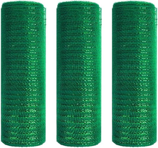 3 Rolls Christmas Green Deco Mesh Ribbon for Wreath Making Supplies, 10 Inch x 30FT Metallic Foil Burlap Deco Mesh Fabric for DIY Crafts Christmas Tree New Year Wreath Swags and Decorating