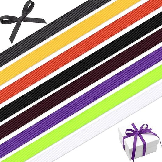 Halloween 3/8 Inch Grosgrain Ribbon Set, 8 Pack x 3 Yards (24 Yards Total), Craft Ribbon for Trick or Treat Bags Spooky Wreaths Party Favors and Fall Decor