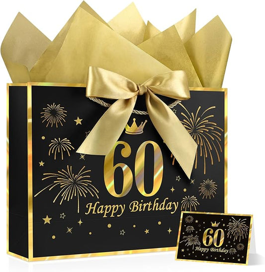 JMANNI Black Gold 60th Birthday Gift Bag with Card and Tissue Paper, 12.6"×9.84"×3.9" Elegant Present Bag for Men Women, 60 Year Old Birthday Keepsake Party Supplies