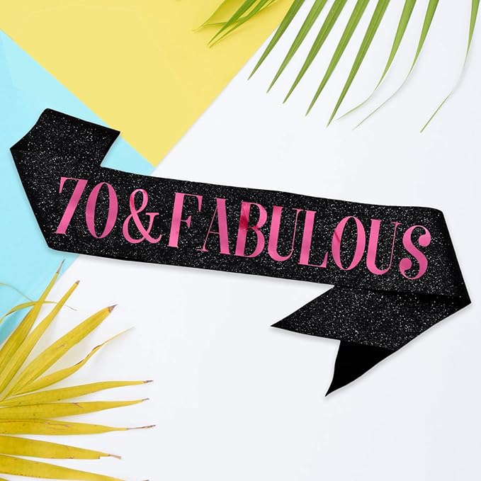 70 & Fabulous Sash, Funny 70th Birthday Sash for Women 70th Bday Party Photo Prop Favors Suppiles, Pink Foil Letter, Glitter Black