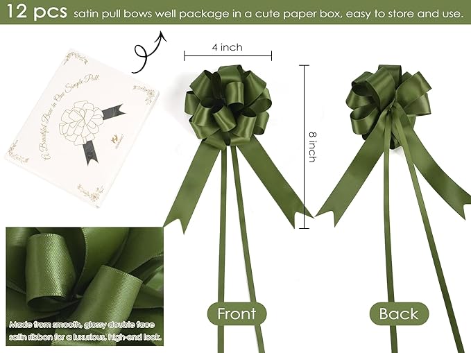 HUIHUANG Green Bows for Gift Wrapping 12 PCS Moss Green Pull Bows 4" x 8" Satin Gift Bow for Presents, Gift Basket, Paper Bag, Wrapping Accessories, Baby Shower Favors, Wedding Christmas Decor