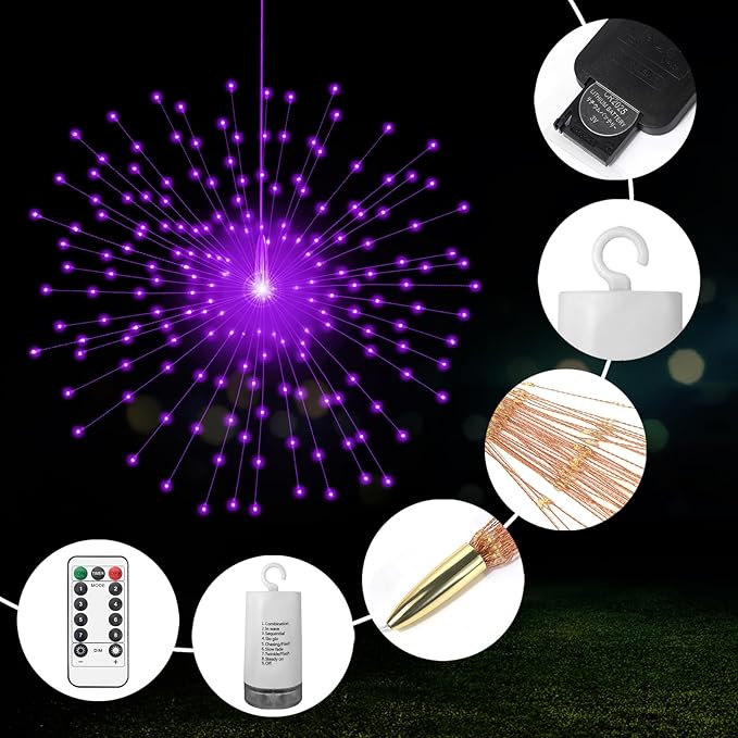PXBNIUYA 2 Pack Starburst Sphere Lights,200 LLED Firework Lights, 8 Modes Dimmable Remote Control Waterproof Hanging Fairy Light, Copper Wire Light for Patio Parties Christmas (Purple)