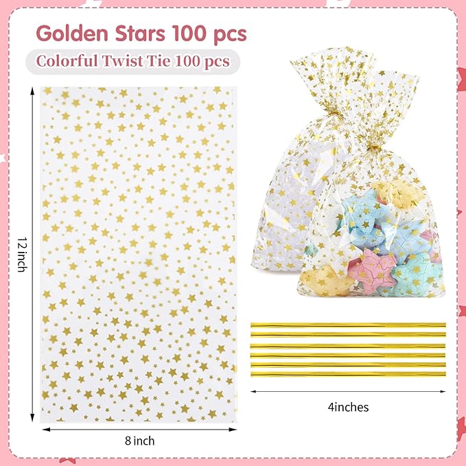 100 Pcs 8 x 12 Inch Clear Cellophane Treat Bags with 100 Gold Twist Ties, Gold Star Printed Heat Sealable Candy Bags for Cookies, Bakery, Party Favors, Gift Wrapping