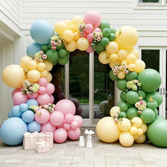 Pastel Balloon Arch Kit for Baby Shower Decorations, Birthday Party, Garden Wedding – Double Stuffed Pink Blue Yellow Green Balloons with Gold Butterflies – Girl Boy Gender Reveal Decorations