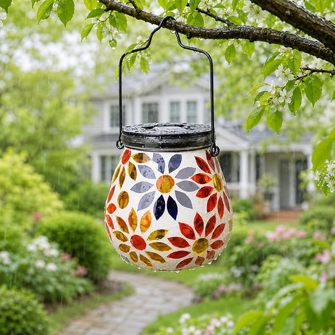 Afirst Mosaic Solar Lanterns Outdoor - Glass Hanging Solar Lights Hollow Out Waterproof Table Lamp Outdoor Decorative for Garden, Patio, Holiday Party Outdoor Decoration