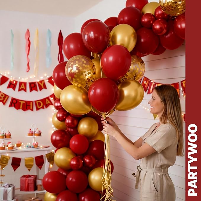 PartyWoo Red and Gold Balloons 66pcs 12 10 Inch Matte Red Burgundy Metallic Chrome Gold Confetti Balloons for Graduation Baby Shower Birthday New Year's Eve Anniversary Christmas Party Decorations