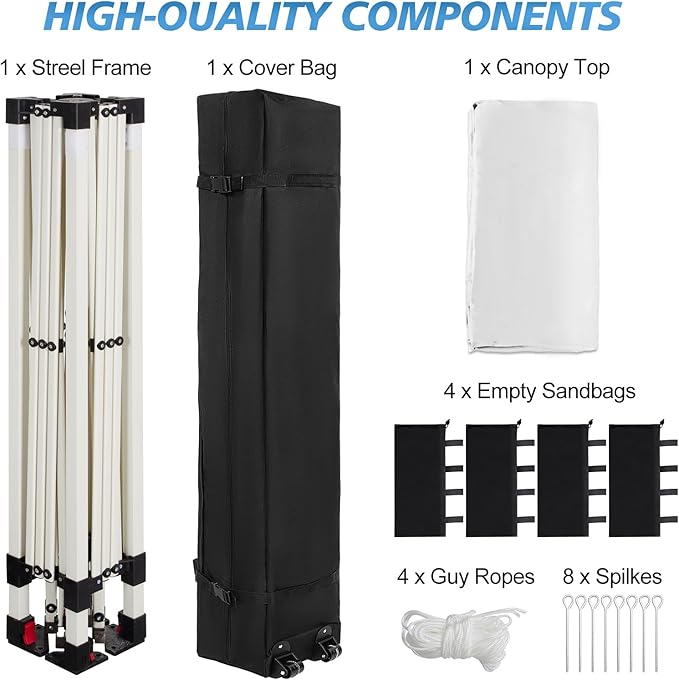 WEIZE 10x10 Pop Up Canopy Tent, 1-Button Push Setup Canopy Tent, Adjustable Height Instant Portable Shelter, Portable Roller Bag, Easy Outdoor Sun Shade for Events, 4 Weight Bags, White