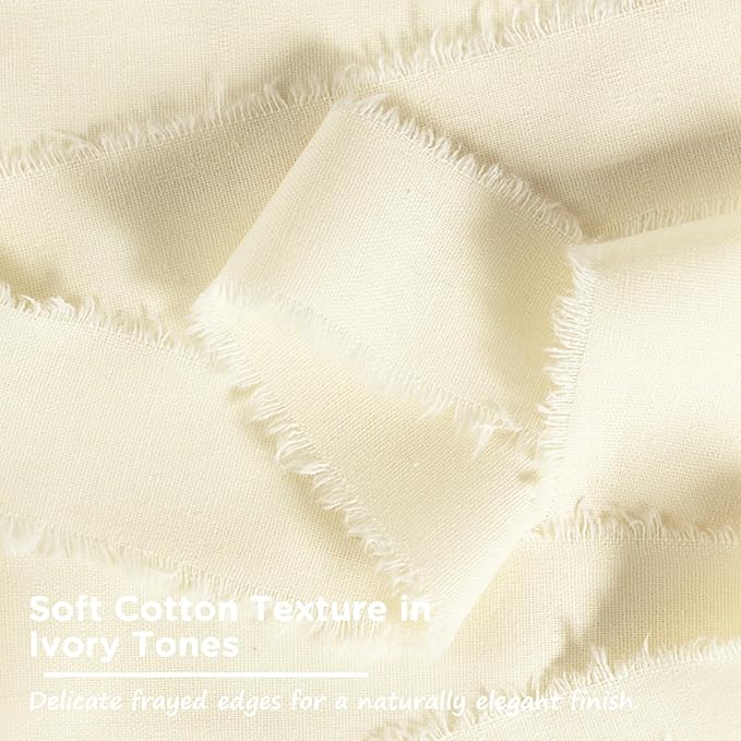 Ivory Cotton Ribbon 1-1/2 Inch Ivory 3 Rolls 21 Yards Frayed Edge Fabric Set for Wedding Invitations, Bridal Shower, Anniversary Celebration, Elegant Event Decor & Gift Wrapping