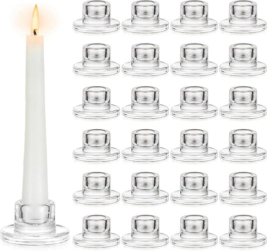 24 Pcs Glass Taper Candle Holders Clear Small Candlestick Holder Bulk Short Glass Candle Sticks Set for Wedding Christmas Party Dining Table Centerpiece Decor