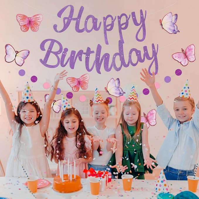 Pre-Strung Happy Birthday Banner, NO DIY Birthday Decorations with Circle Dot Garland and Butterflies, Happy Birthday Party Decorations for Women Girls (Purple)