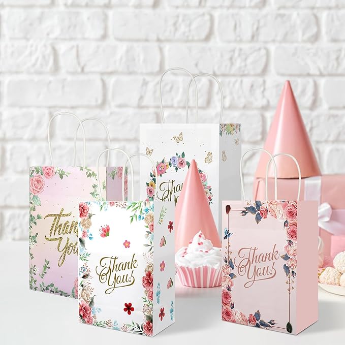 Ethanberg 20Pcs Thank You Gift Bags Floral Design with Handles, 8.2" x 5.8" x 3.15" Thank You Kraft Paper Bags for Business, Boutique, Wedding, Birthday, Party Return Favor