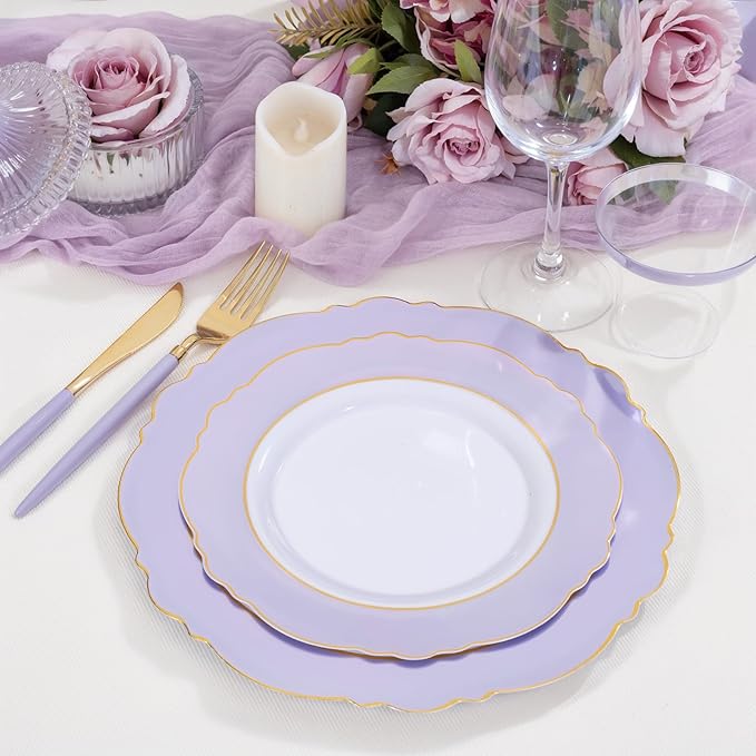 WDF 60pcs Purple Plates Disposable with Gold Rim - Baroque Light Purple Plastic Plates - Lavender Plates for Spring/Wedding/Birthday