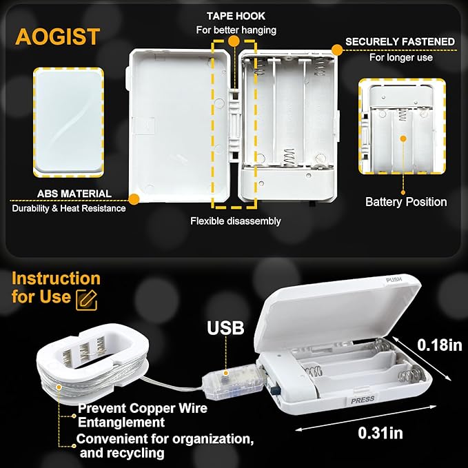 Aogist 2-Pack 50LED Fairy Lights 16ft Dual Power(USB/Battery) with Remote & Timer, 8 Modes Flexible Copper Wire Waterproof String Lights for Outdoor Christmas Wedding Bedroom Party Decor,White