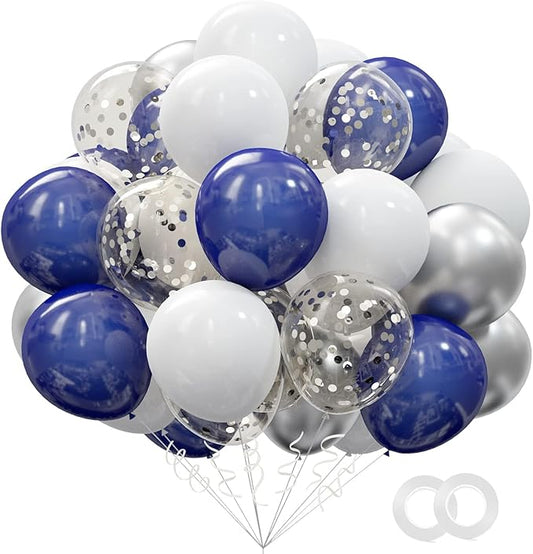 OuMuaMua 62pcs Silver Navy Blue Balloons Kit - 12 Inches Silver Blue Party Decoration Graduation Balloons for Baby Shower Birthday Wedding Graduation Party Decorations Supplies