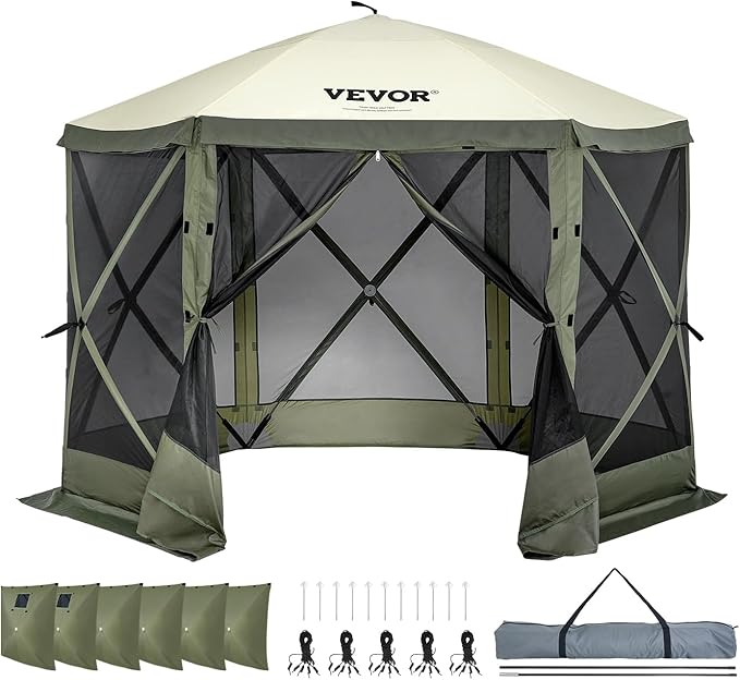 VEVOR Pop Up Gazebo Screen Tent 6 Sided Canopy Sun Shelter with 6 Removable Privacy Wind Cloths & Mesh Windows, 10x10FT Quick Set Screen Tent with Mosquito Netting, Army Green