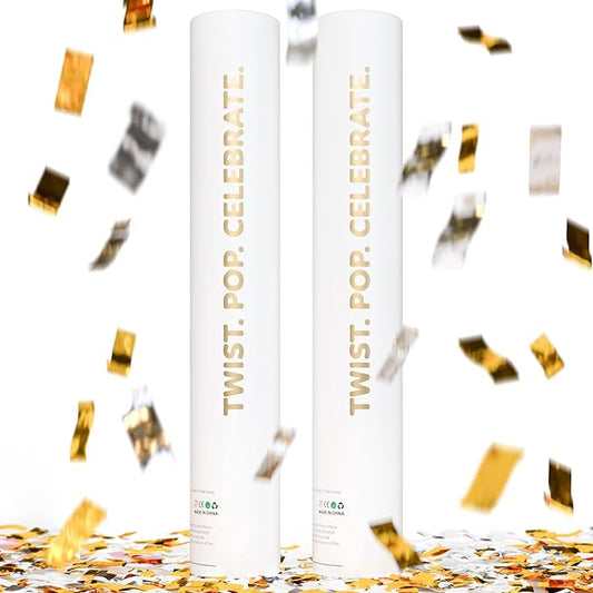 Gold & Silver Confetti Poppers Confetti Cannon | 2 Pack | Party Poppers Decoration for Wedding, Engagement, Graduation, Birthday | Wedding Party Favors | Launches 25 ft | 12 inch | TUR Party Supplies