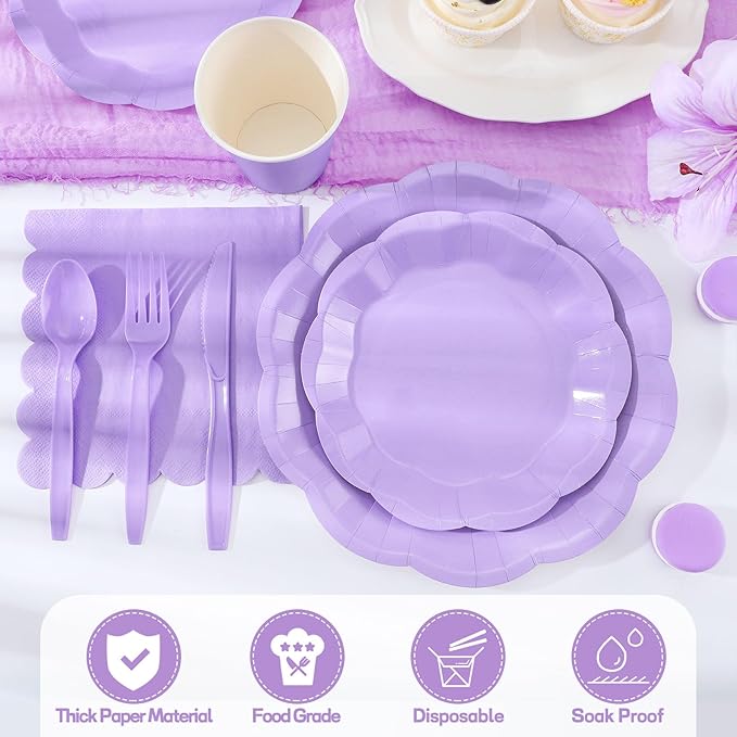 NatNarr 350 Pcs Light Purple Party Supplies Include Scalloped 9" Lavender Plates 7" Cake Plate Napkins Cups Forks Knives Serve 50 Guest Party Tableware for Wedding Baby Shower Birthday Party